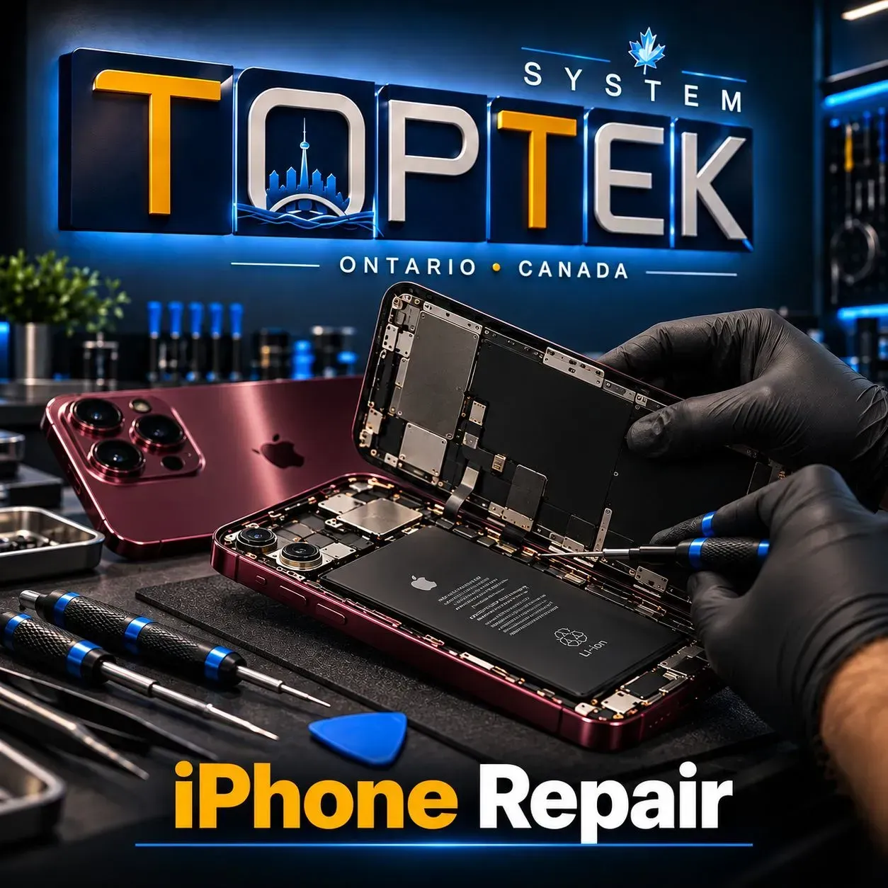 Need reliable iPhone repair in Markham Technician repairing an iPhone beside TopTek System branding, with tools and disassembled phones on a workbench.