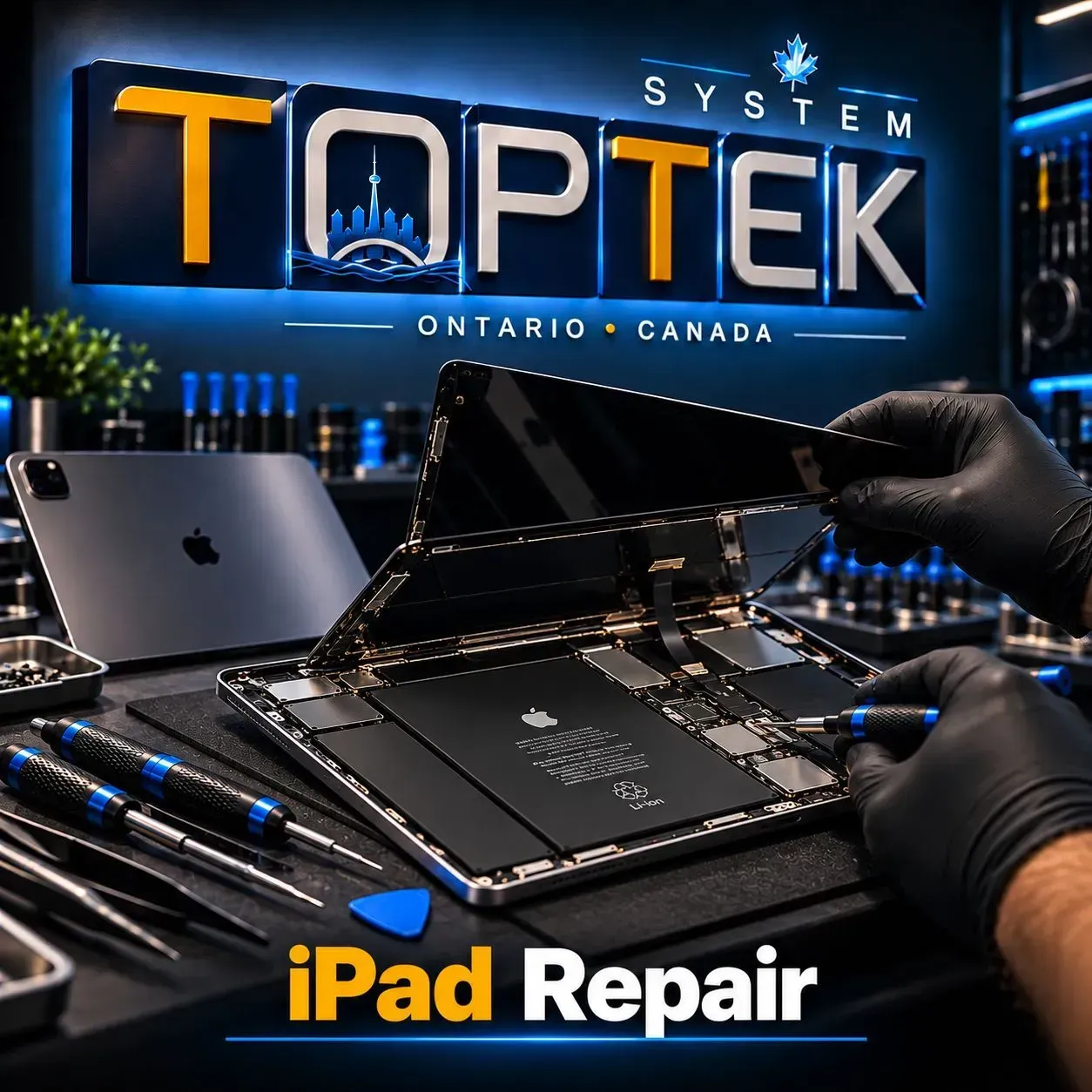 TOPTEK SYSTEM provides professional iPad repair services in Markham Top Tek System iPad repair workspace with tools, a tablet in repair, and logo sign in the background