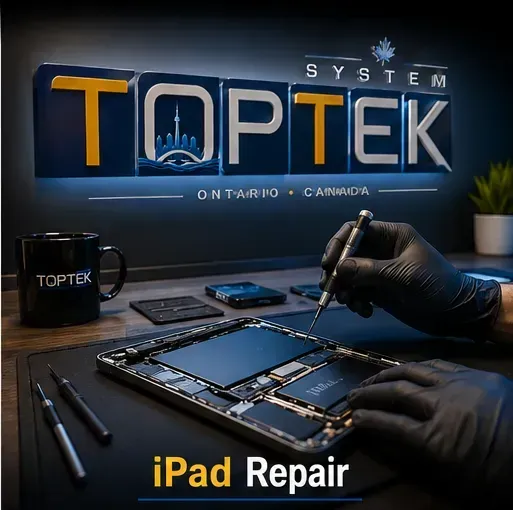 TOPTEK iPad repair ad showing a technician fixing a tablet on a workbench