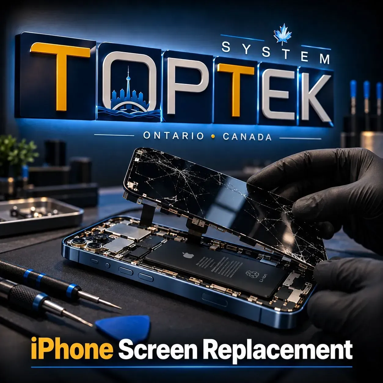 From common screen and battery problems to charging, camera and other device issues, TOPTEK SYSTEM provides professional iPhone repair and diagnostic services based on the model and condition of your device. Gloved hands repair a cracked iPhone screen at Top Tek System, Ontario, Canada.