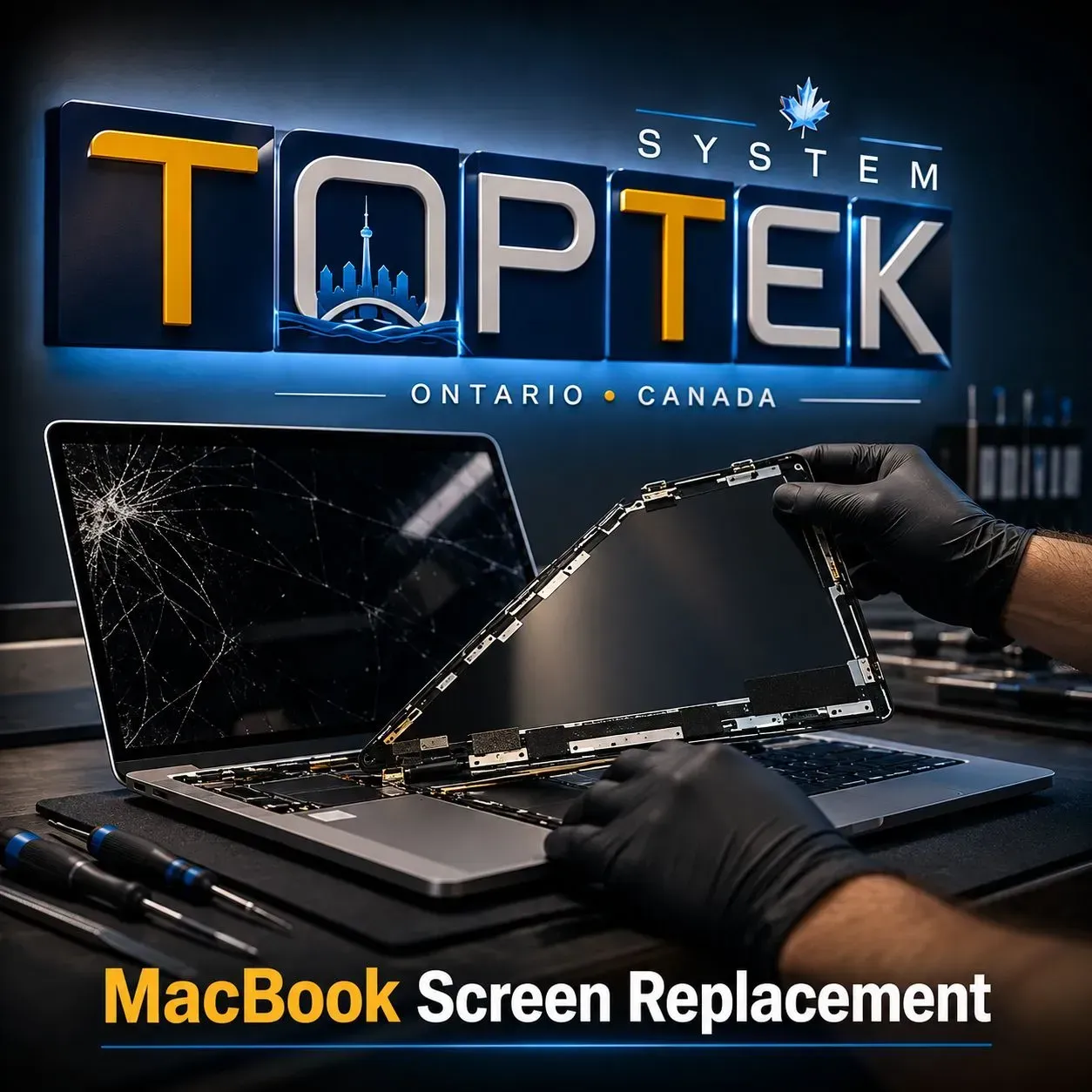TOPTEK System MacBook screen replacement ad, cracked laptop screen being removed by gloved hands
