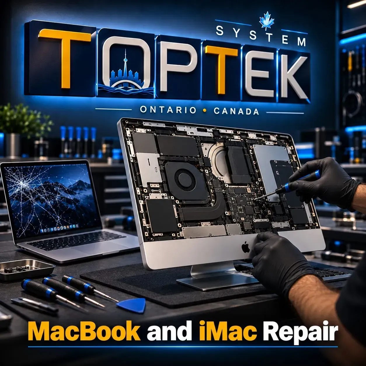 TopTek System MacBook and iMac repair ad with laptop, disassembled iMac, and tools on a workbench