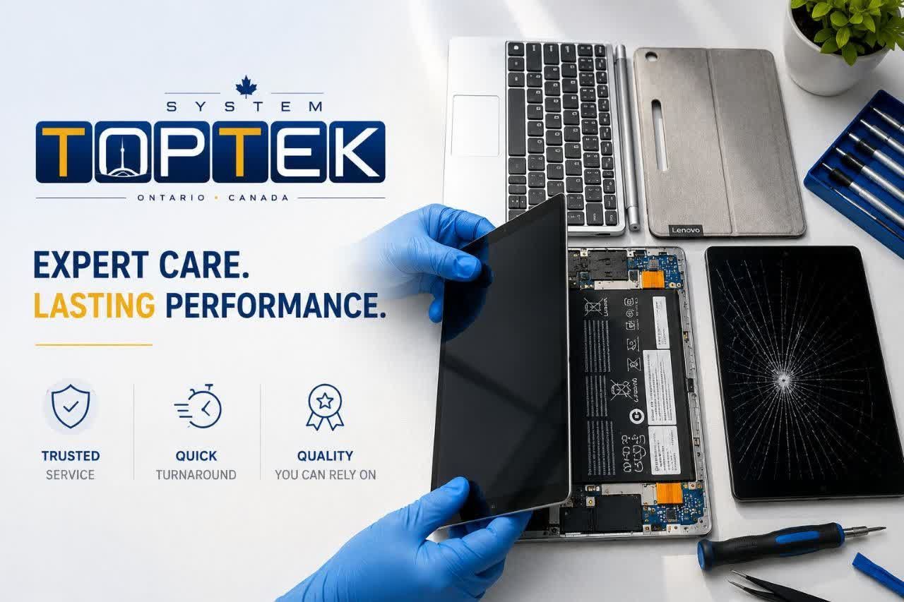 Technician in blue gloves repairing a laptop beside a TOTEK service logo and tools on a workbench.