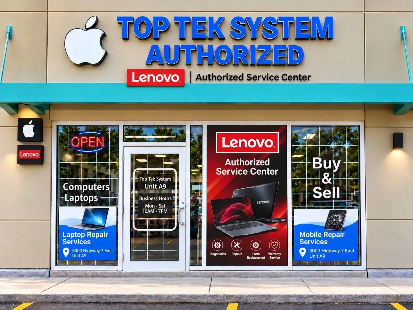 Storefront of Top Tek System Authorized Lenovo service center with blue and red signage and glass doors