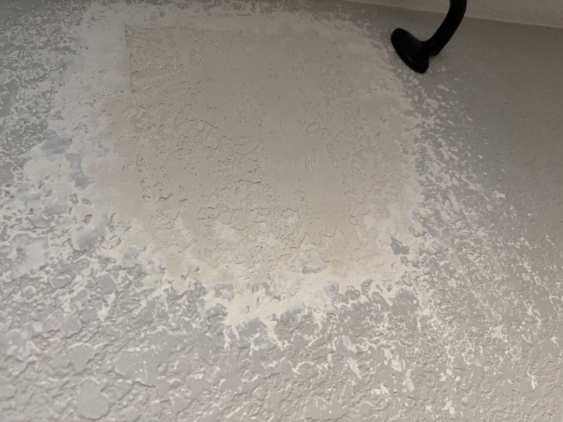 Shower wall with water stain, possibly from a leak, and a dark shower head.