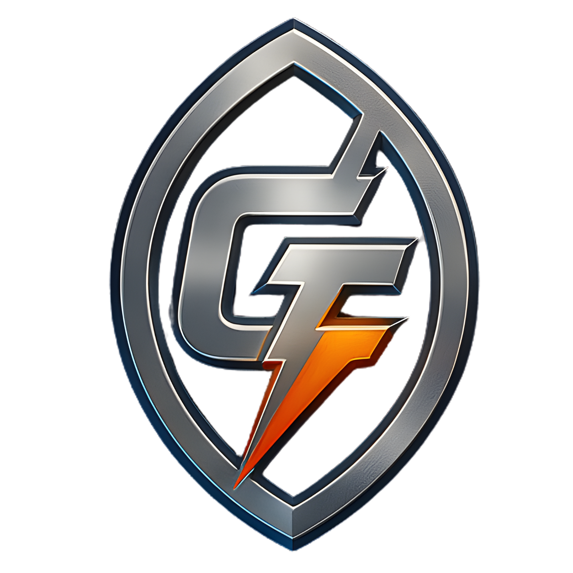 Silver and orange logo within a football-shaped frame;