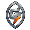 Silver and orange logo within a football-shaped frame; 