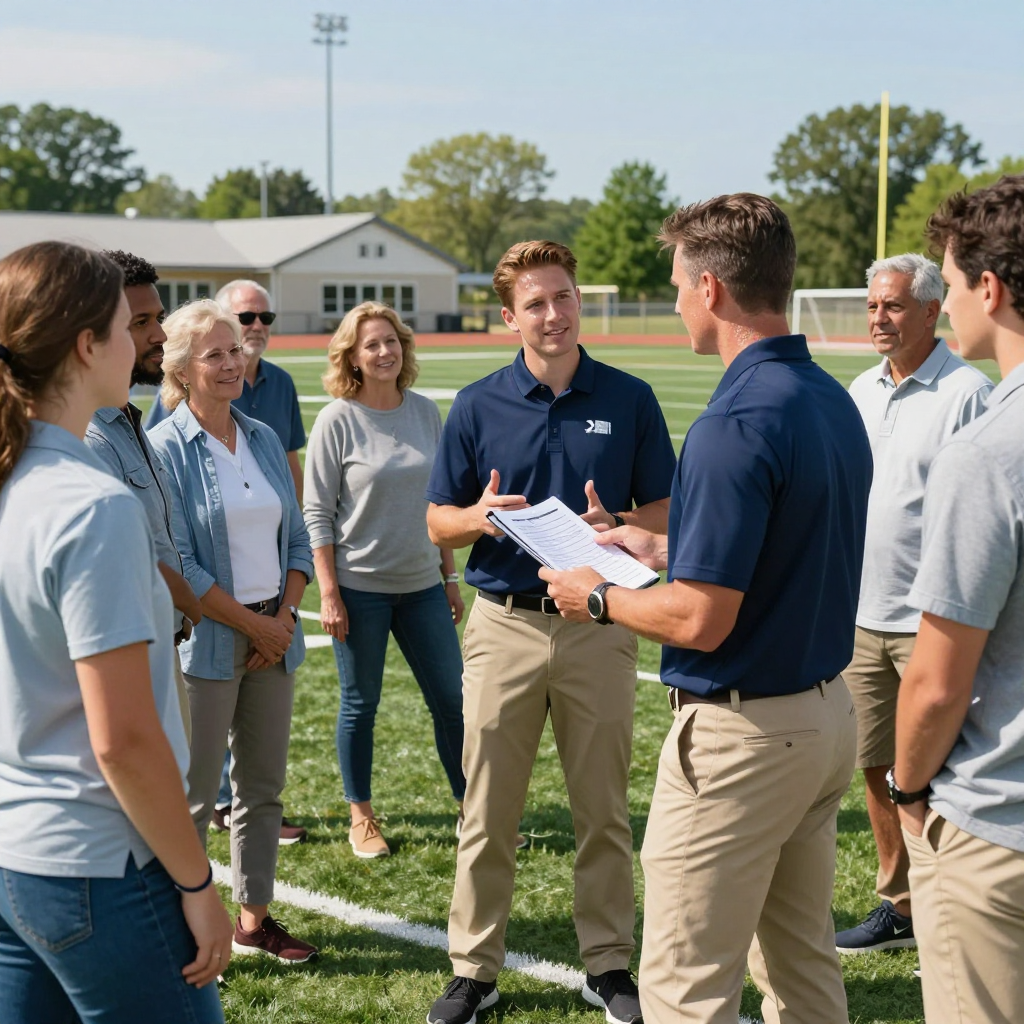 A group of people standing on a sports field while a person in a navy polo shirt presents documents to them.