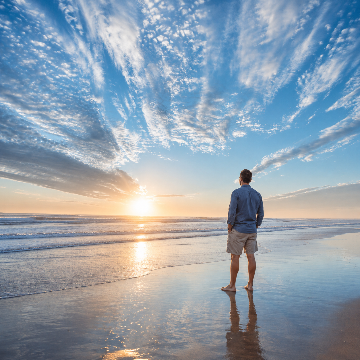 Man staring at the sunrise over the ocean in Fernandina Beach, FL