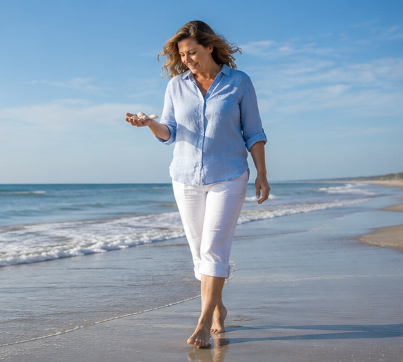 A woman walking on the beach looking at a shell in Fernandina Beach, FL