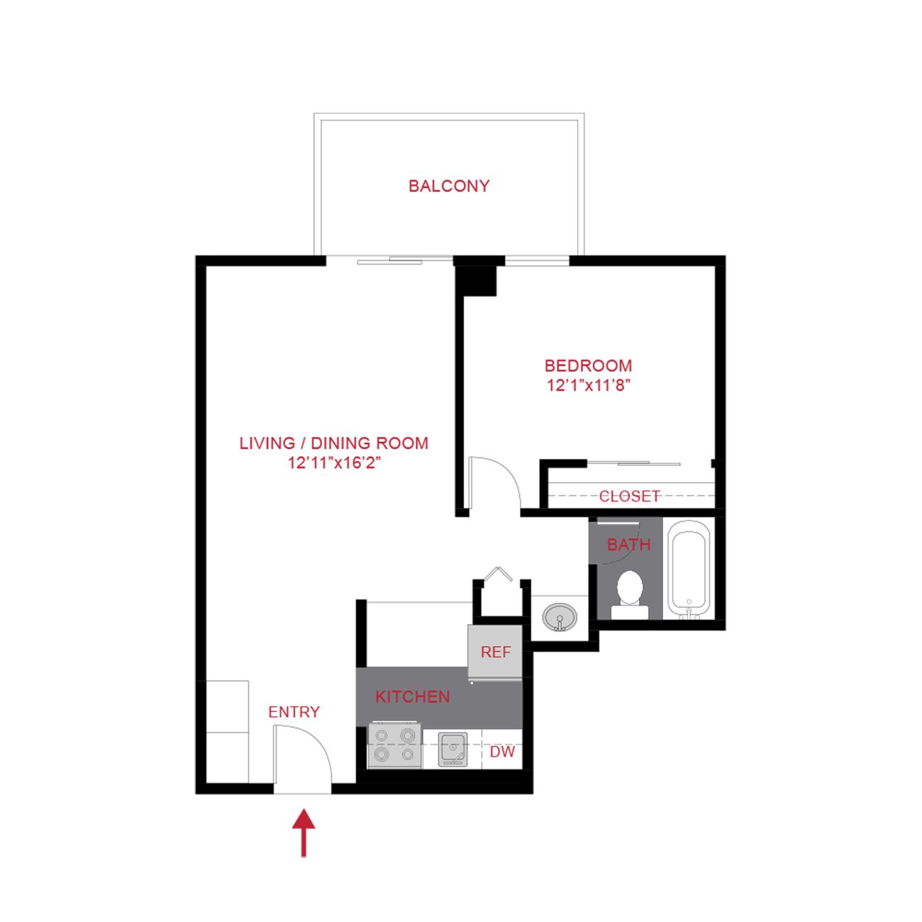 Apartment floor plan with balcony, living/dining room, bedroom, kitchen, and bathroom layout.