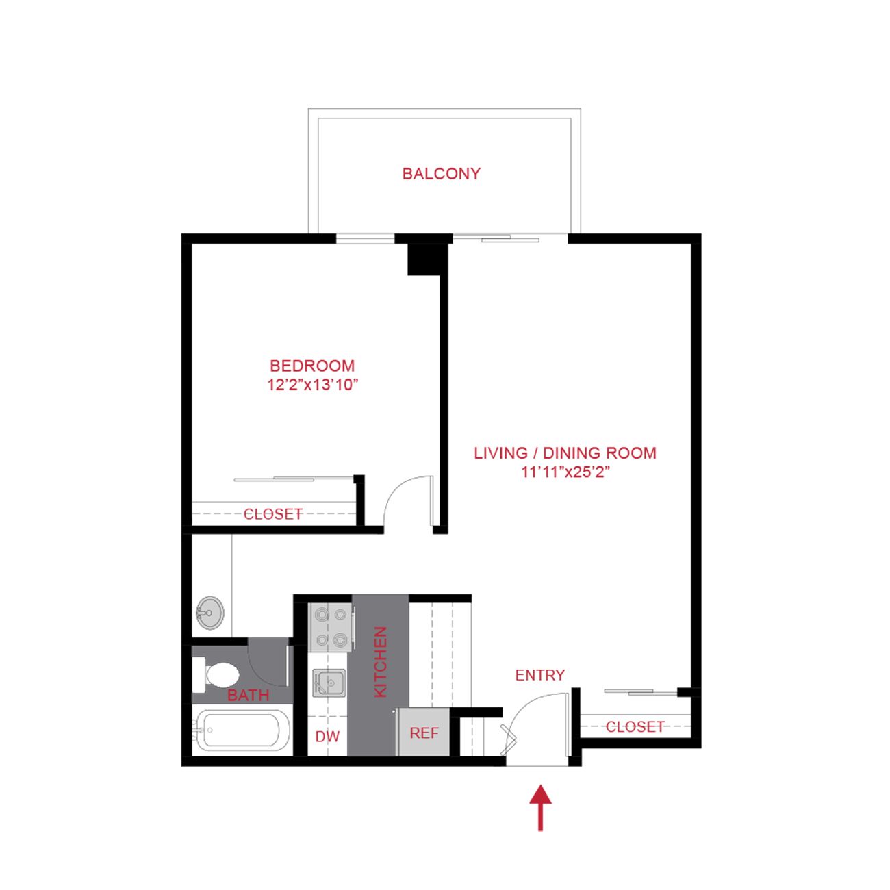 Apartment floor plan with balcony, bedroom, living-dining room, kitchen, bath, and entry marked by a red arrow