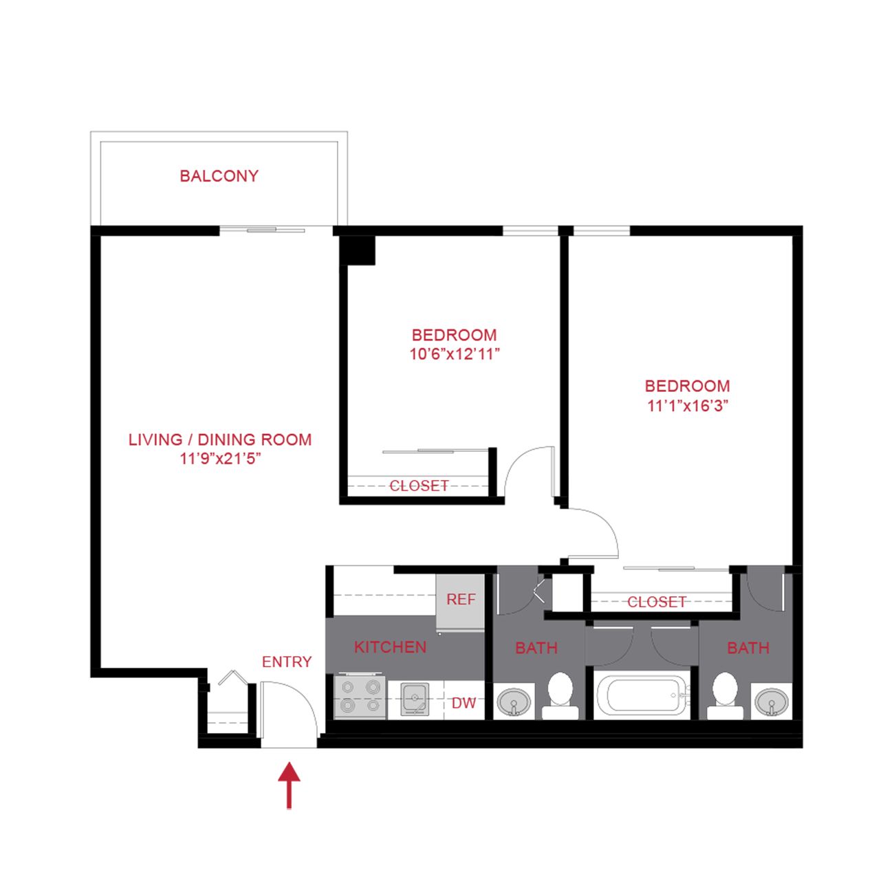 Apartment floor plan with living/dining room, kitchen, two bedrooms, bath, closets, and balcony.