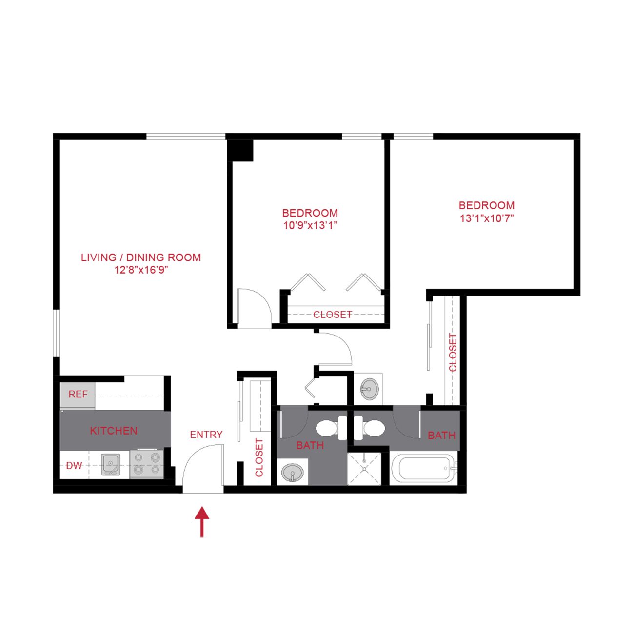 Apartment floor plan with living room, kitchen, two bedrooms, closets, and bathrooms in black and red labels
