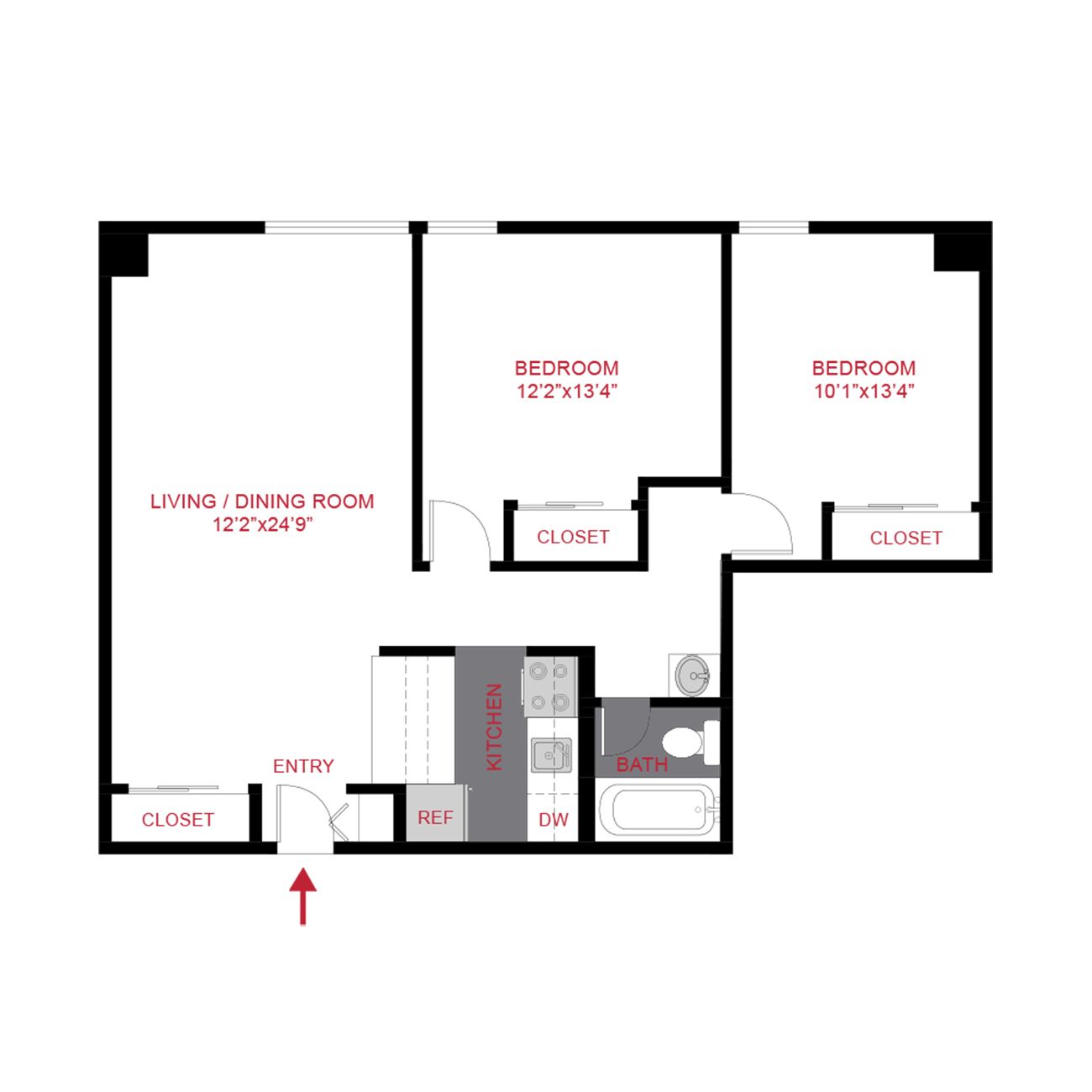 Black-and-white apartment floor plan with living/dining room, two bedrooms, closets, baths, and entry arrow.