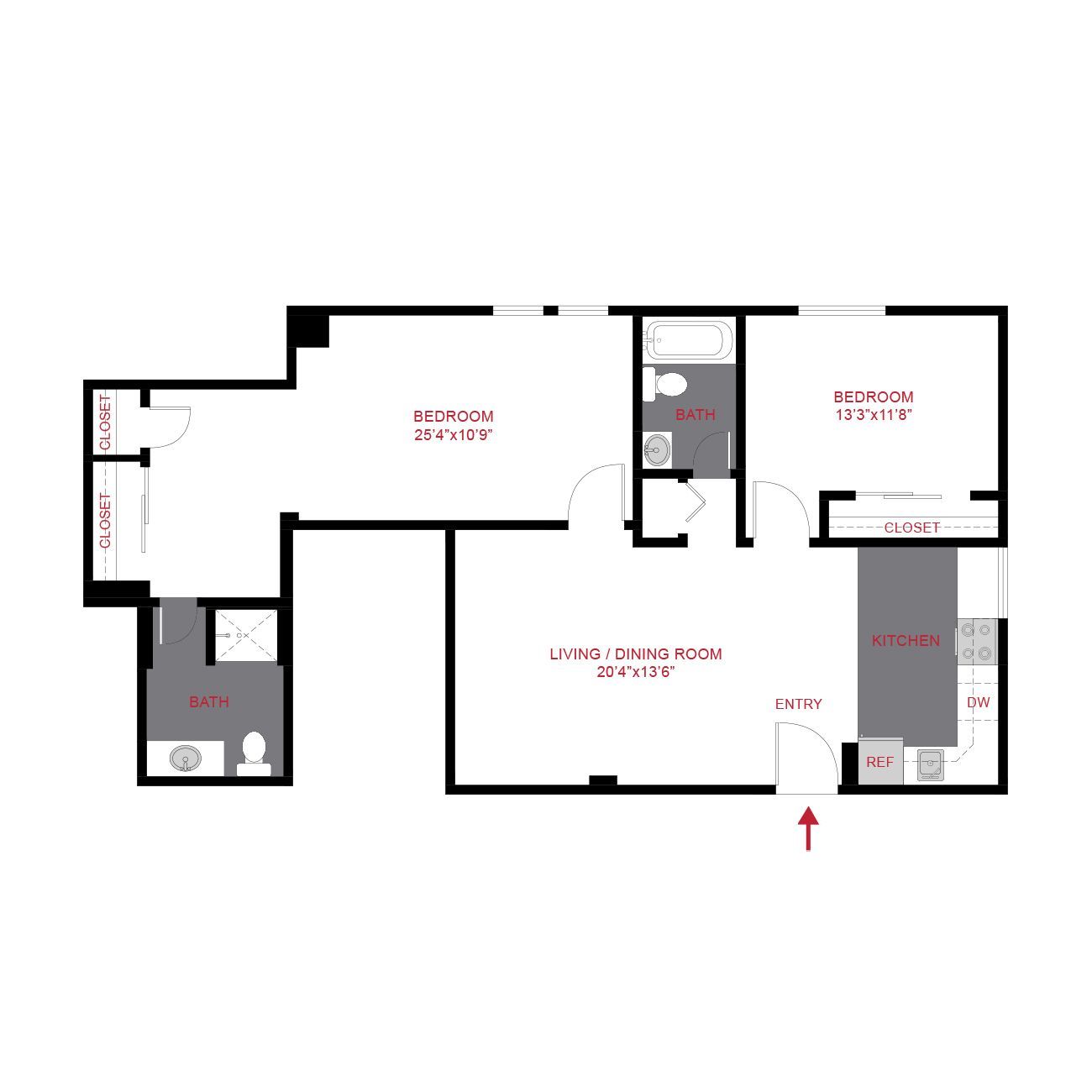 Floor plan of an apartment layout with labeled rooms and bathrooms on a white background