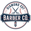 Diamond Cut Barber Co logo featuring barber scissors, baseball stitching, and a classic barber pole in red, white, and blue.