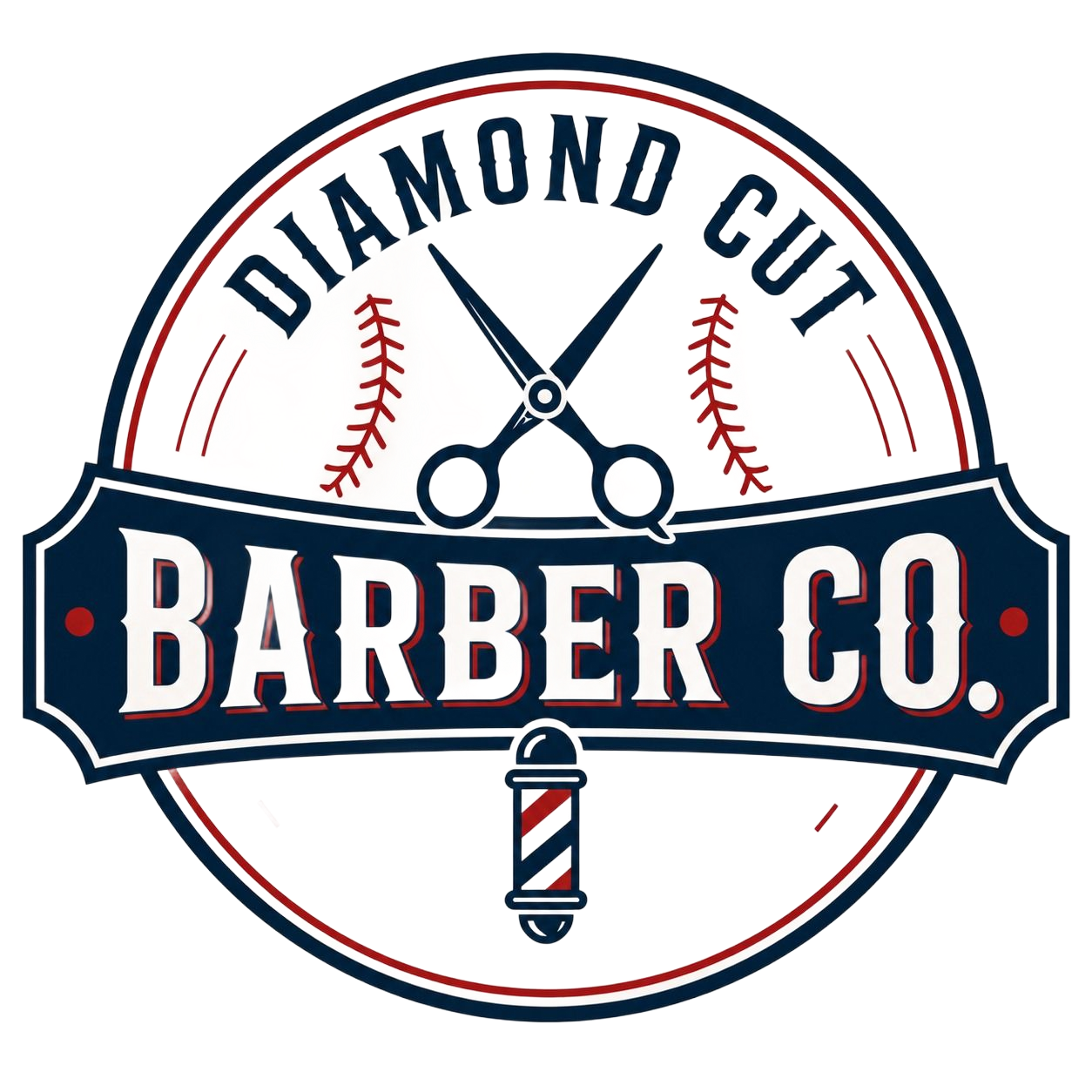 Diamond Cut Barber Co logo featuring barber scissors, baseball stitching, and a classic barber pole in red, white, and blue.