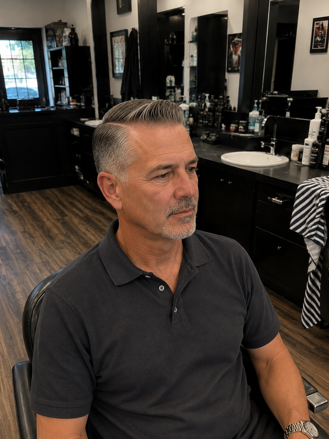 Mature male client with a classic side part haircut, featuring a clean hard part, neatly combed styling.