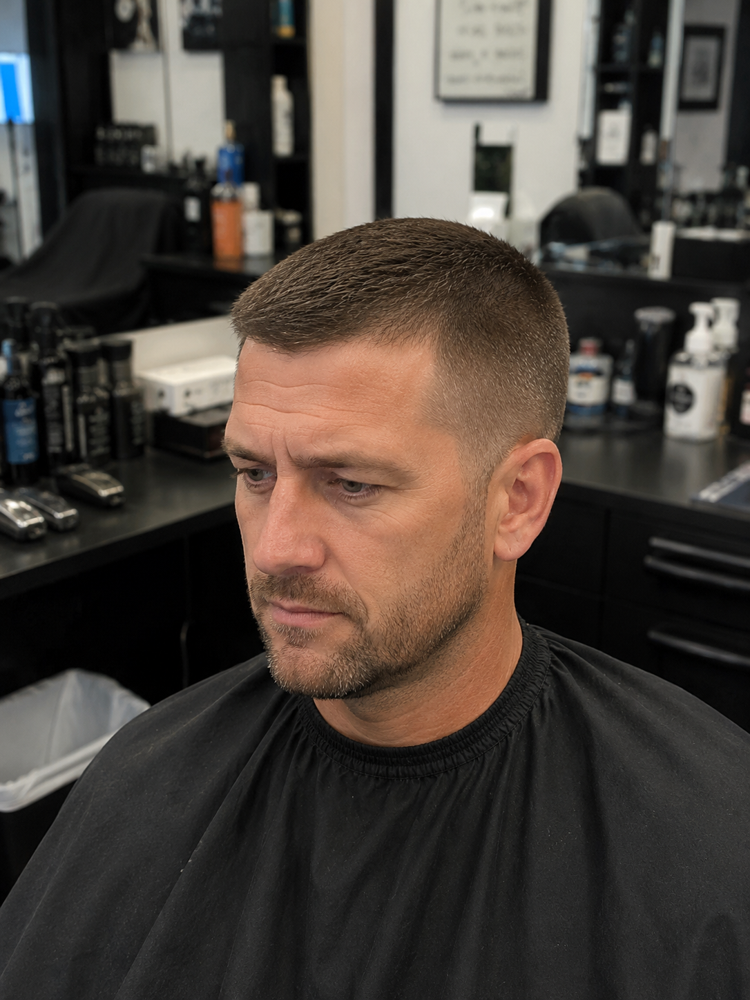  Crew cut haircut with tapered sides and a clean beard trim, showcasing a sharp, low-maintenance men's style.