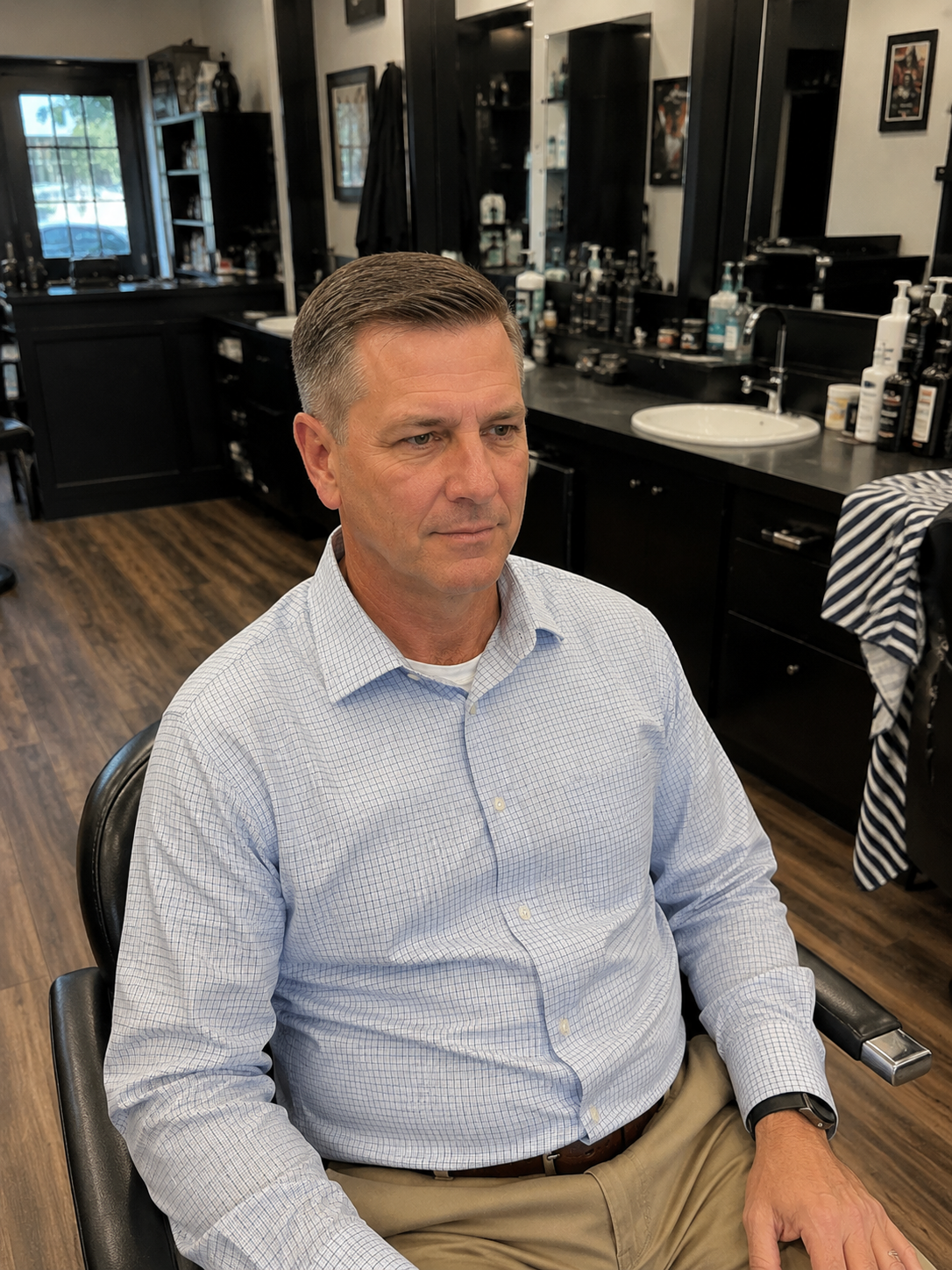 Classic gentleman's haircut with a side part and taper, showcasing professional men's grooming and barber services.