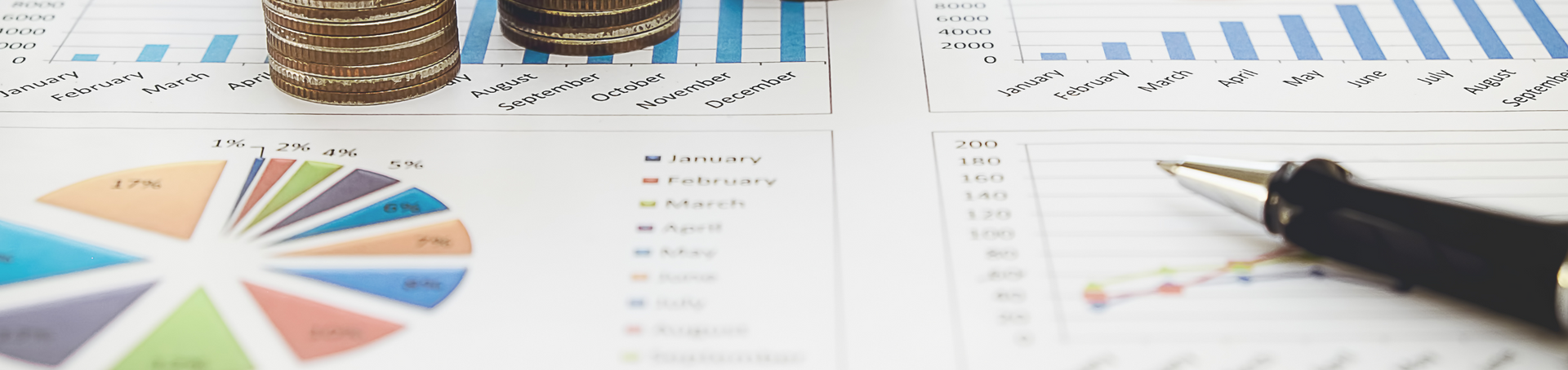 A pen is sitting on top of a paper with a pie chart and coins.