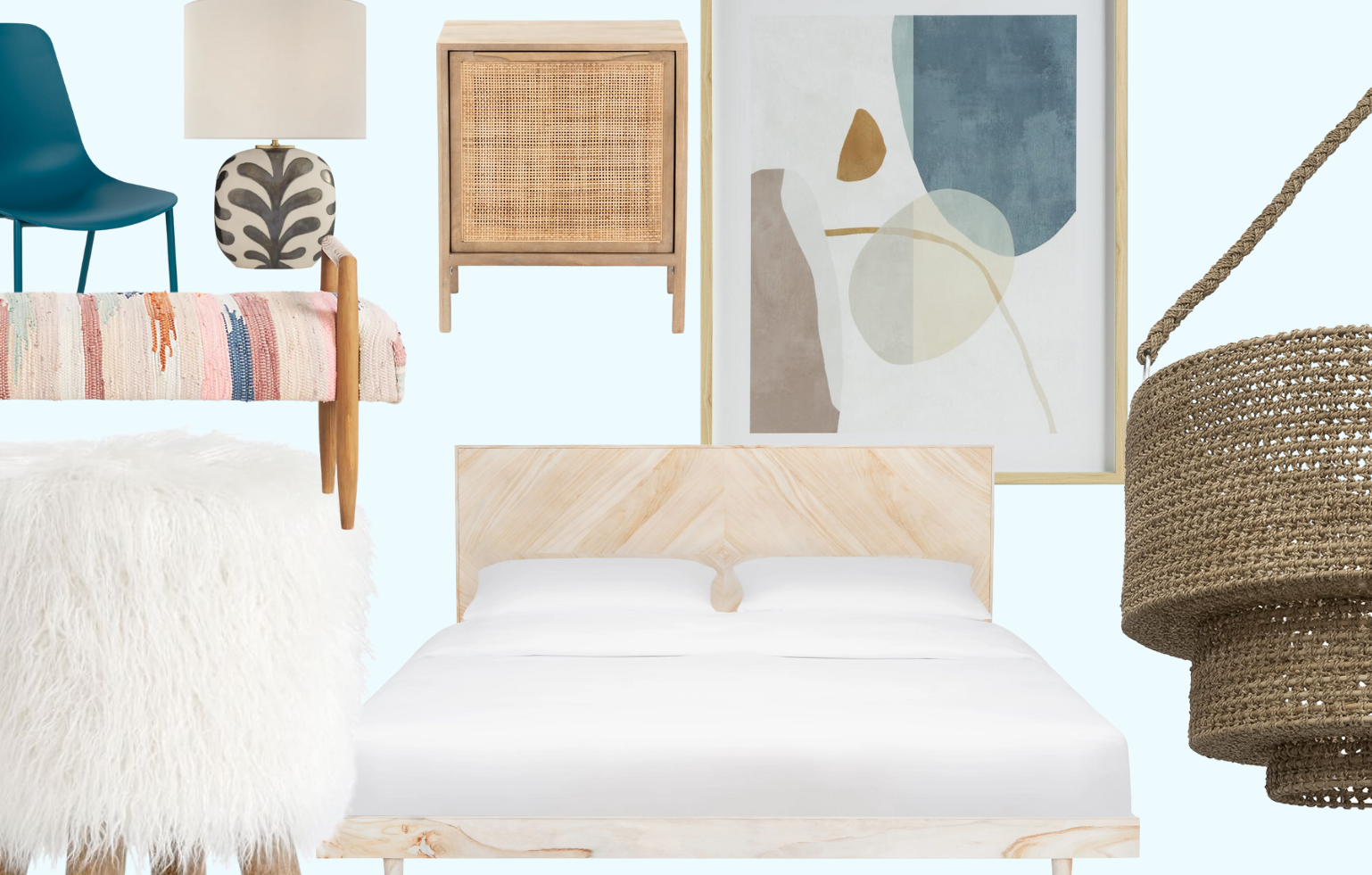 Cozy bedroom mood board with a bed, woven lamp, wall art, and natural wood decor in neutral tones