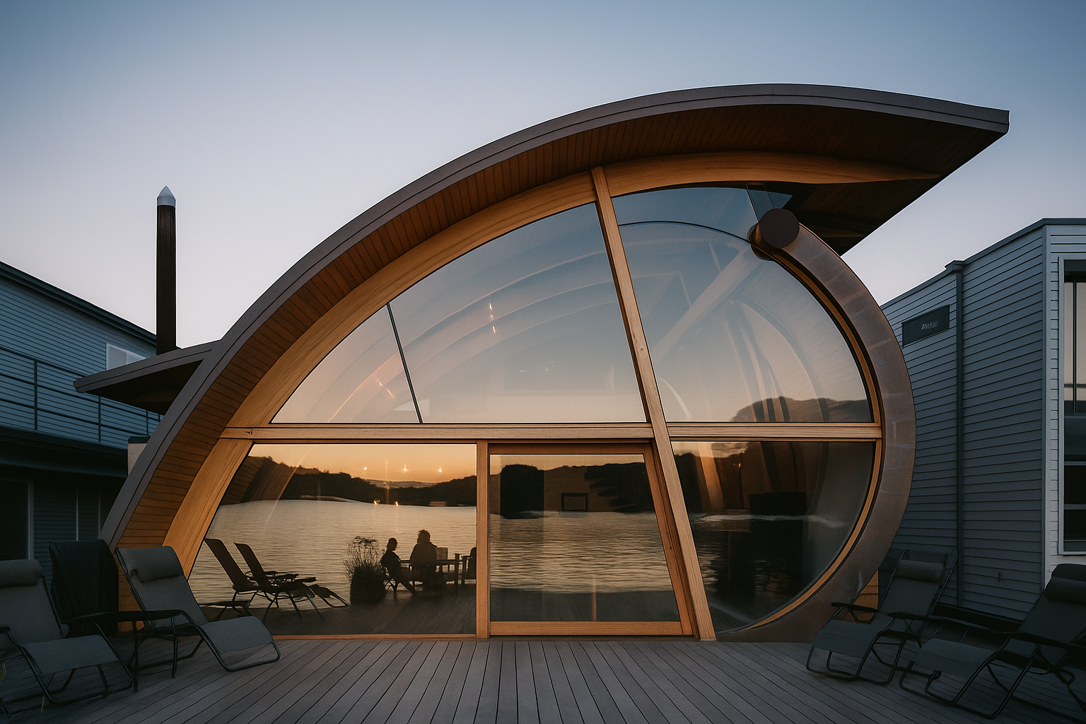 Curved wooden house facade with large glass windows glowing at sunset on a deck