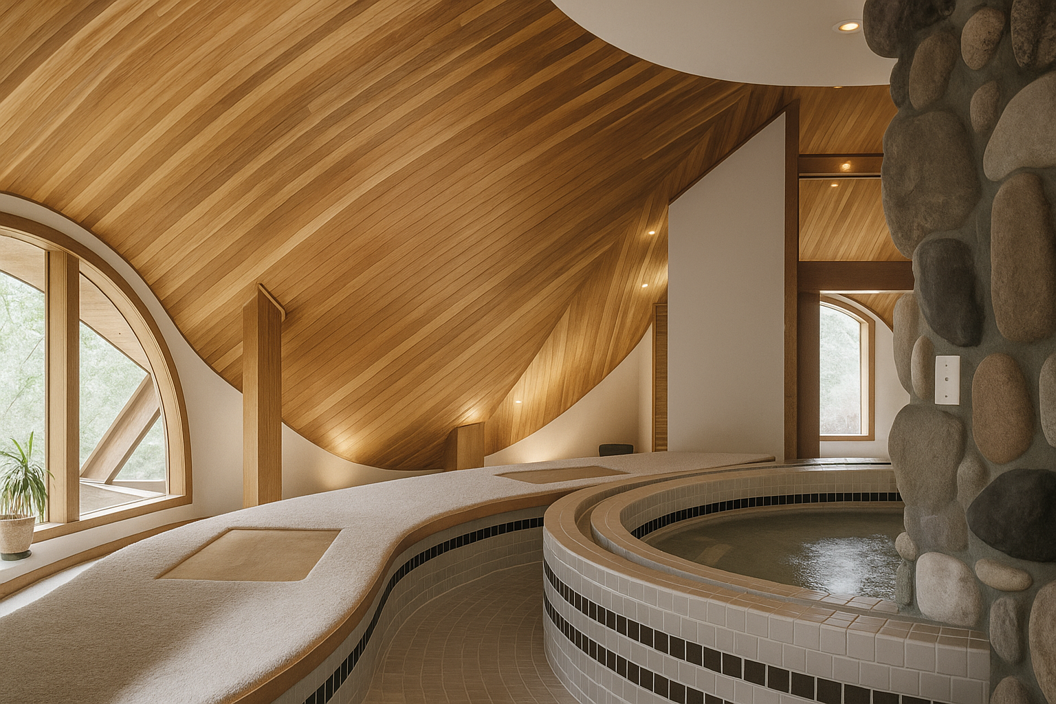 Modern spa interior with curved wood ceiling, stone tub, and large round window