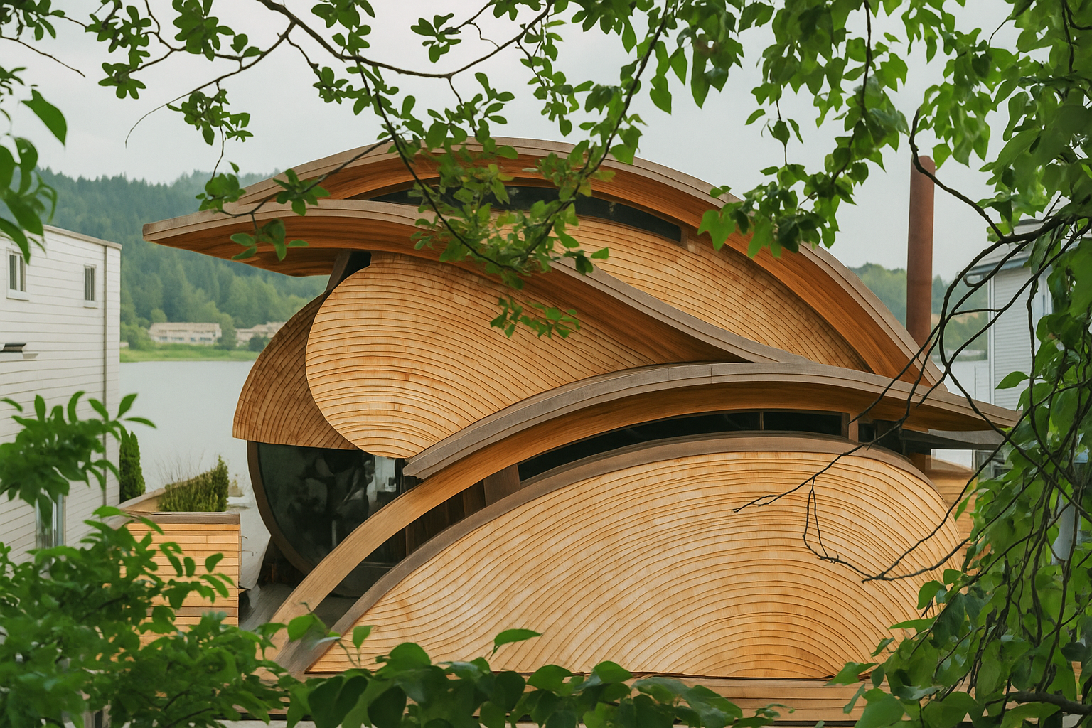 Curved bamboo pavilion with layered roof panels, surrounded by green trees and plants