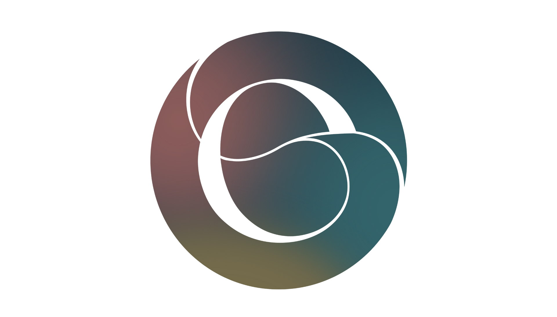 Abstract circular logo with overlapping white curves on a dark teal, brown, and gray gradient background