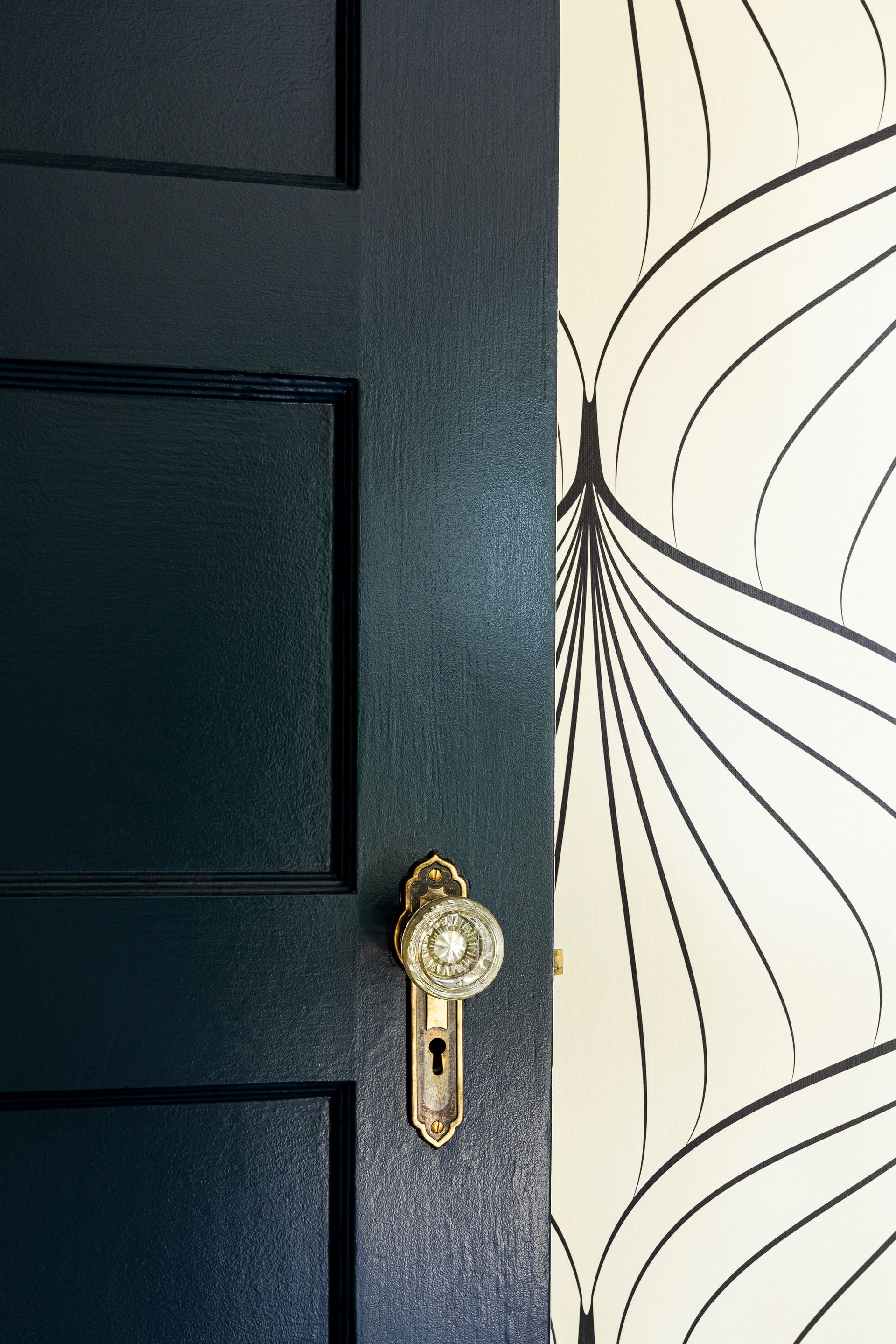 Black door with brass lock beside white wall featuring black wavy line pattern.