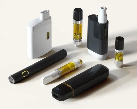 Assorted vape pens and cartridges in black, white, and yellow arranged on a light background