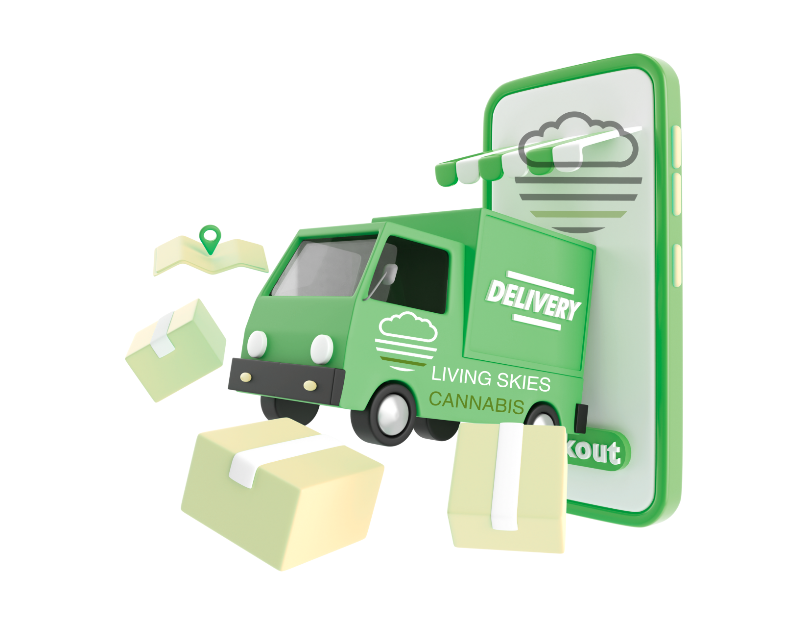 Green delivery van beside a smartphone with floating shopping boxes and cloud icons