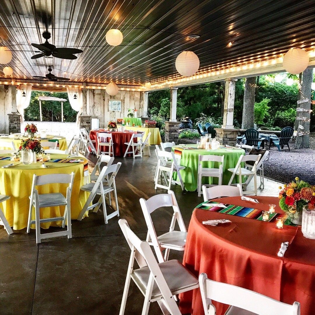 A large room with tables and chairs set up for a party
