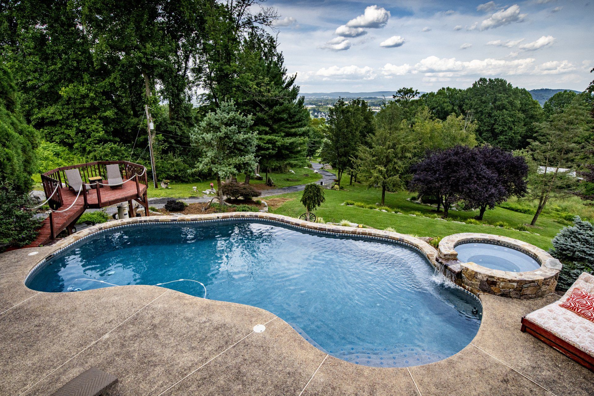 A large swimming pool with a hot tub in the backyard surrounded by trees.