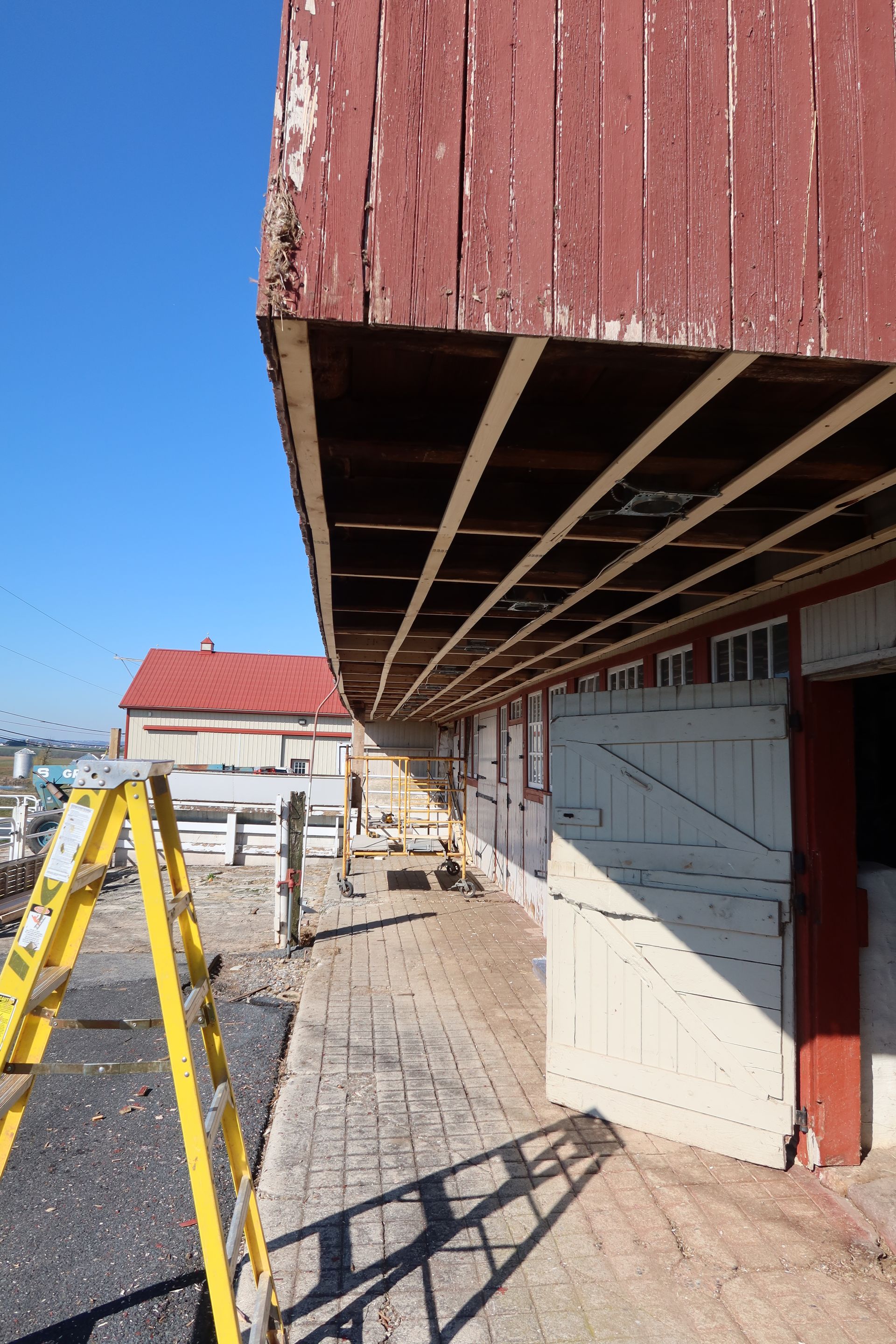 A yellow ladder is sitting next to a red building.