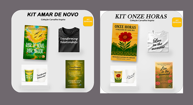 Kits Amar de Novo e Onze Horas com livro, camiseta, caneca e marcador de páginas