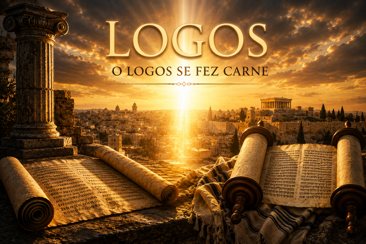Pergaminhos antigos, colunas gregas e rolos das Escrituras hebraicas diante de uma cidade iluminada.