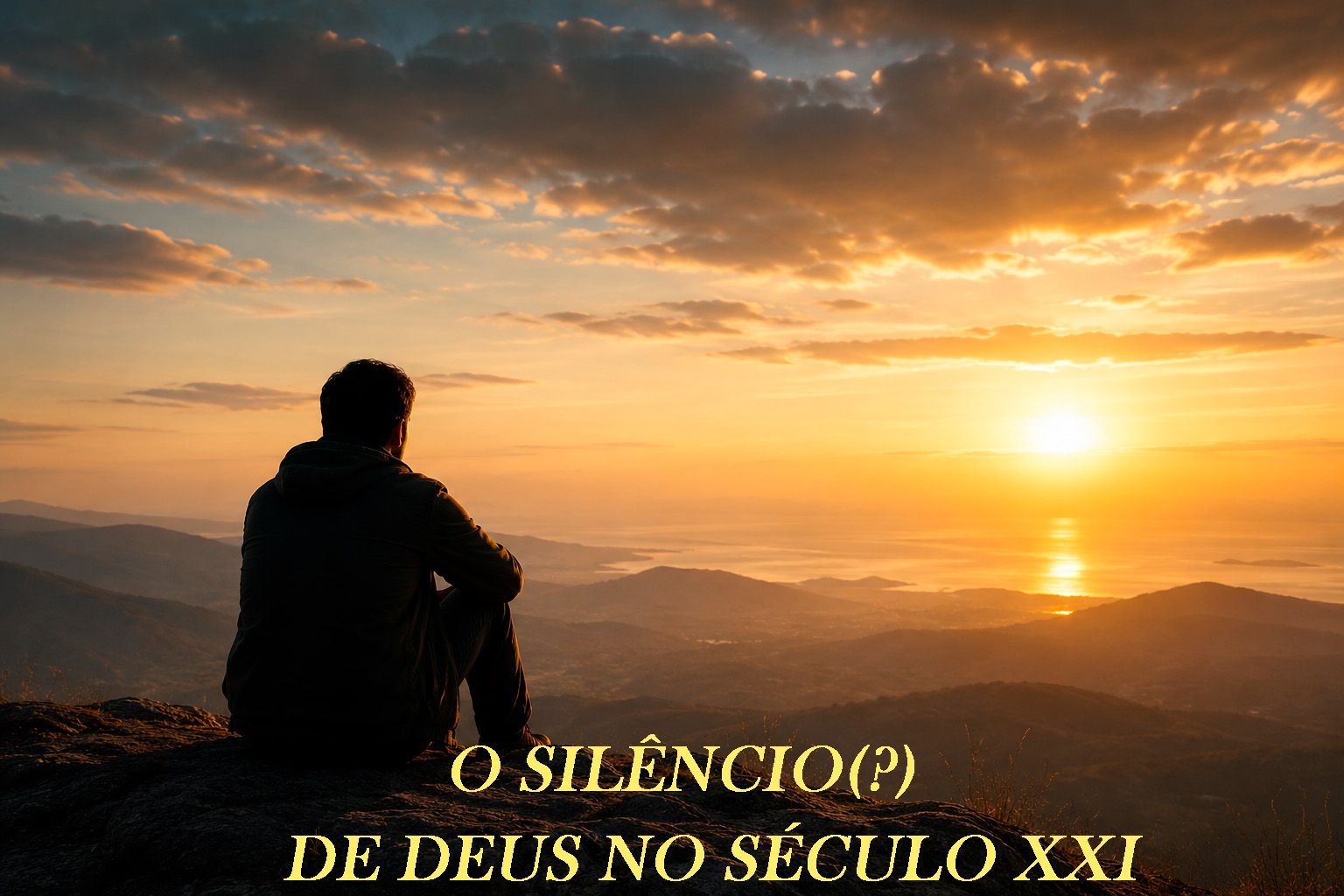 Figura contemplando o horizonte em silêncio diante de cenário espiritual e contemplativo