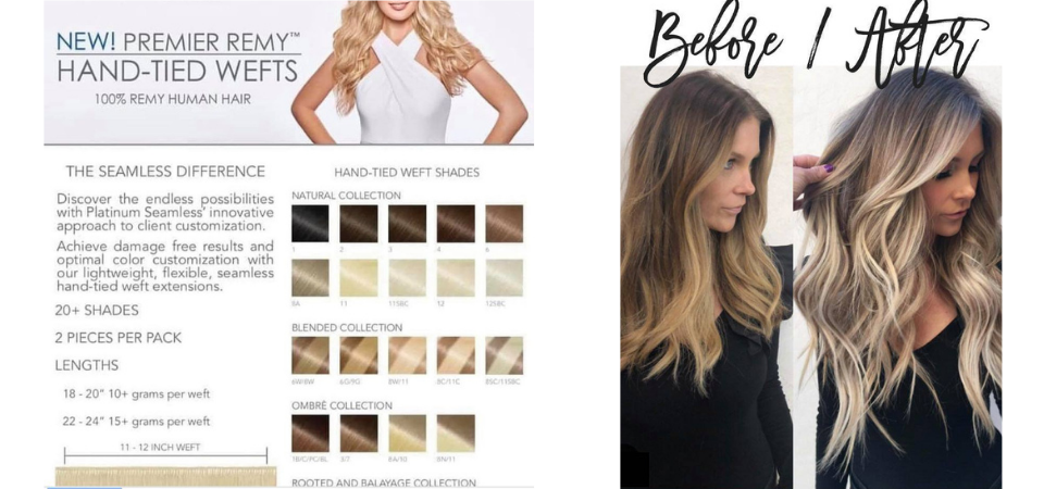 Hair extension color chart and before-after hair transformation examples in a salon-style layout