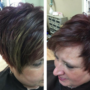 Side-by-side close-up of a woman’s short layered haircut, showing dark brown and reddish highlights.