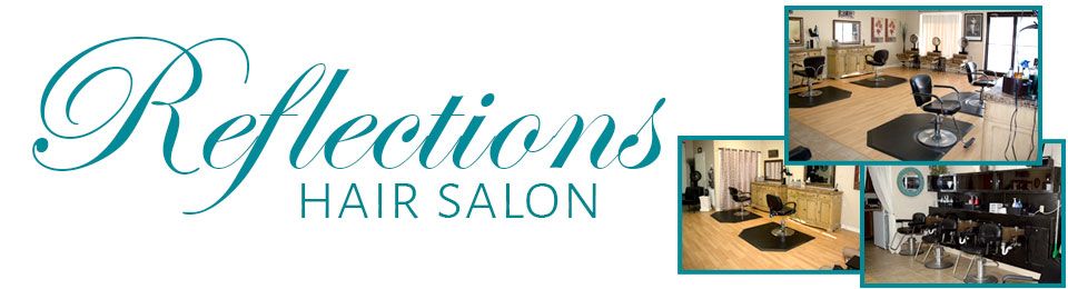 Reflections Hair Salon logo with teal script and small salon interior photos on a white background