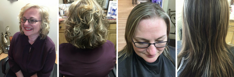 Collage of a woman with short blonde hair shown from front, back, and top views in a salon setting