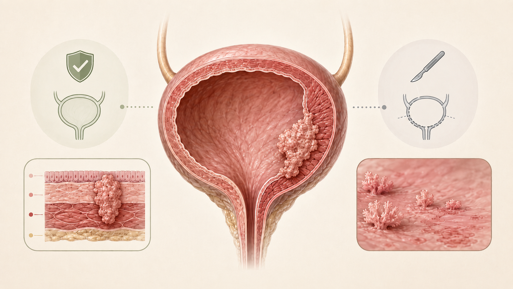 Indicações de cistectomia radical: câncer músculo invasivo ou tumores múltiplos recidivados.