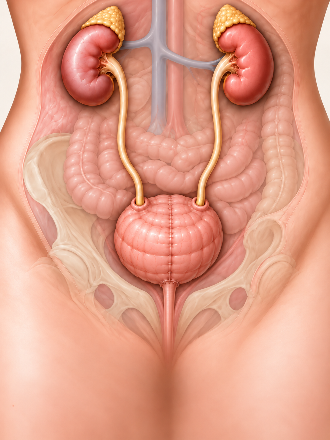 Ilustração médica mostrando os dois ureteres ligados na neobexiga que está conectada com a uretra.