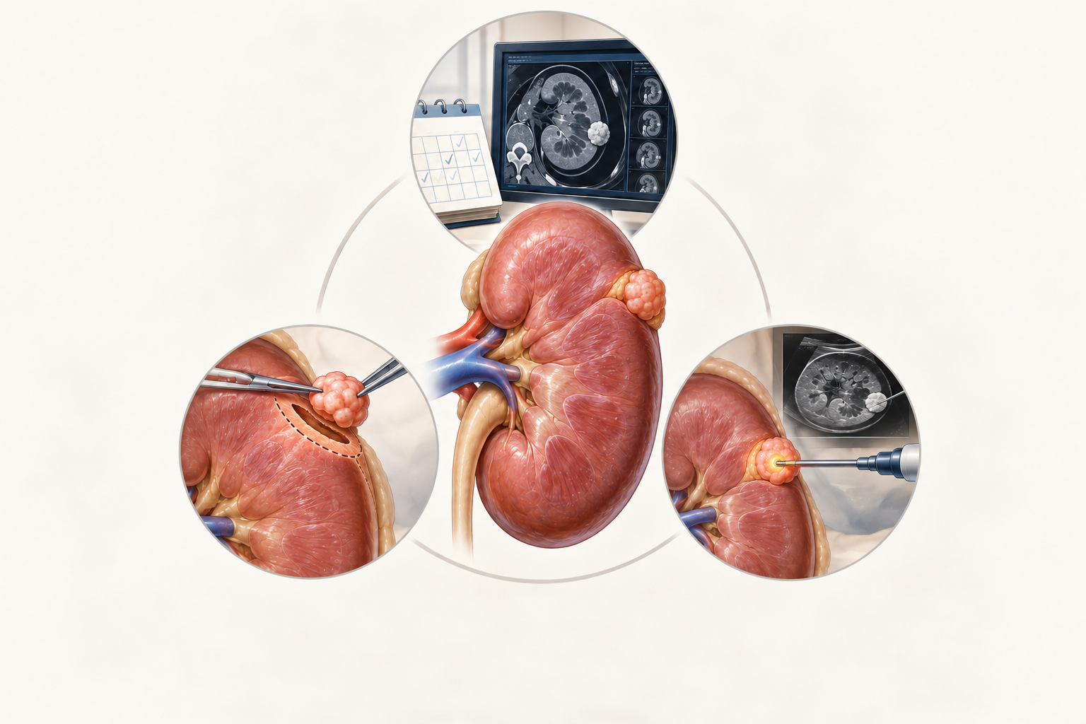 Ilustração de tumor pequeno no rim com opções de vigilância ativa, nefrectomia parcial ou ablação.