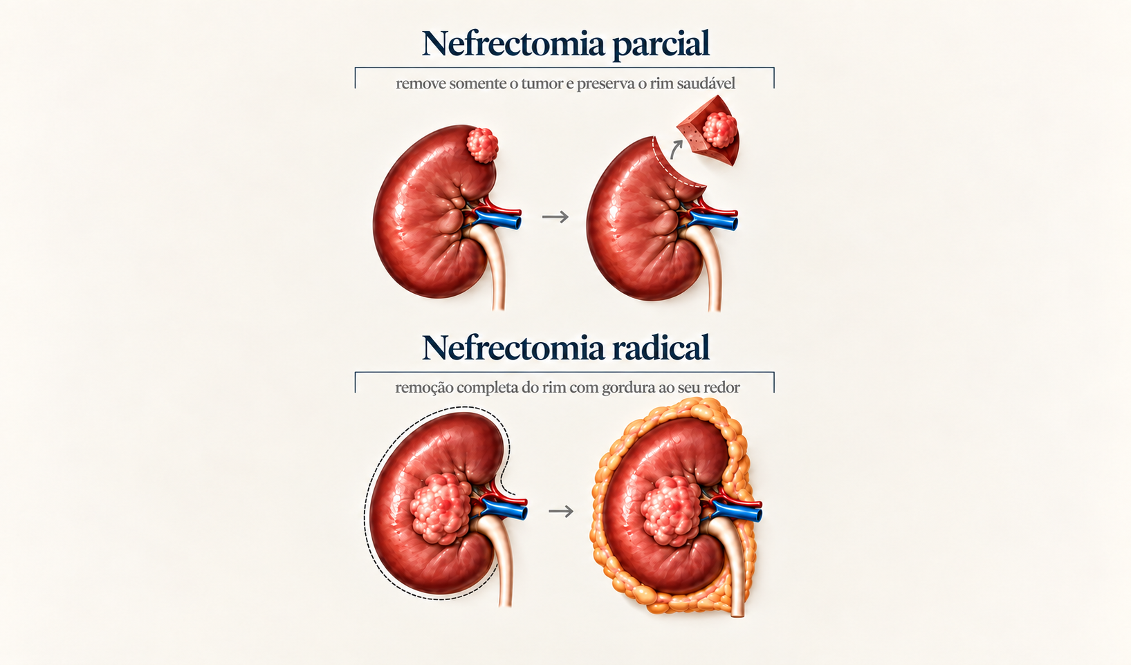 Ilustração mostrando nefrectomia parcial removendo apenas o tumor e a radical removendo todo o rim.