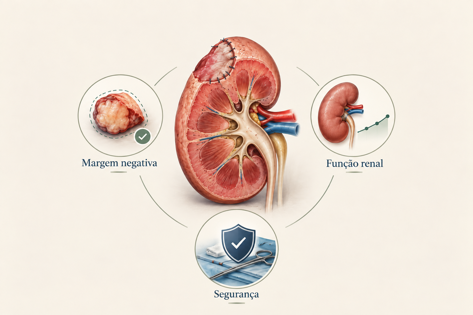 Ilustração mostrando os 3 objetivos da cirurgia: margem negativa, preservar função renal e segurança