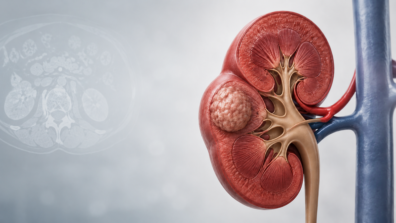 Ilustração médica de um rim vermelho com um tumor bege próximo à pelve renal e uma veia azul ao lado.